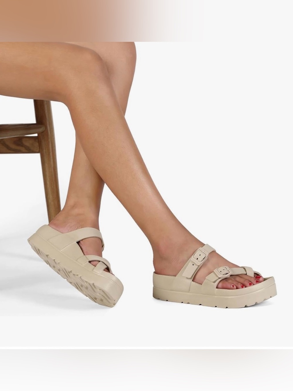 Women’s Classic Double-Buckle Platform Sandals in Beige